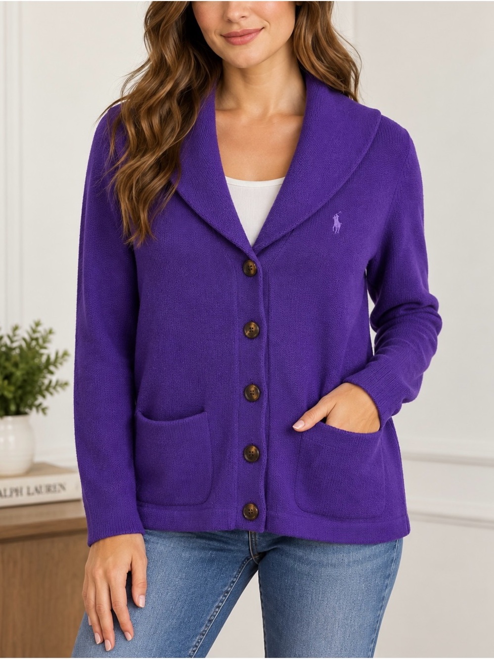 Ralph Lauren Purple Cotton Shawl Collar Cardigan – Size M – NWT